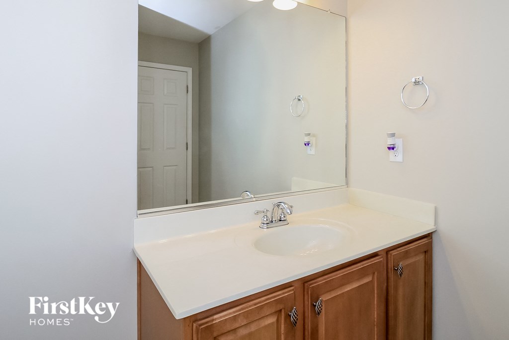 a bathroom with a white sink and a large mirror