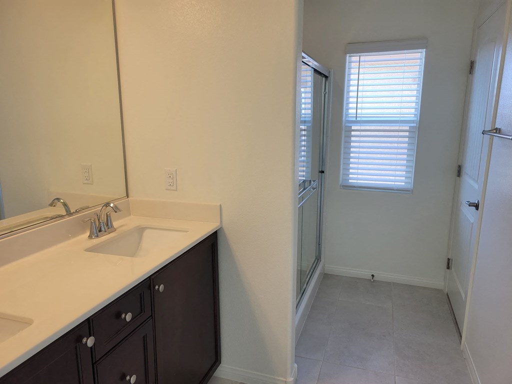 a bathroom with a sink and a shower and a mirror