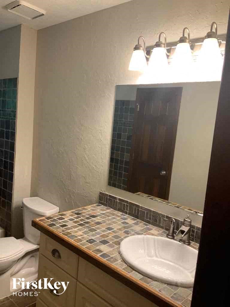 a bathroom with a sink and a mirror and a toilet