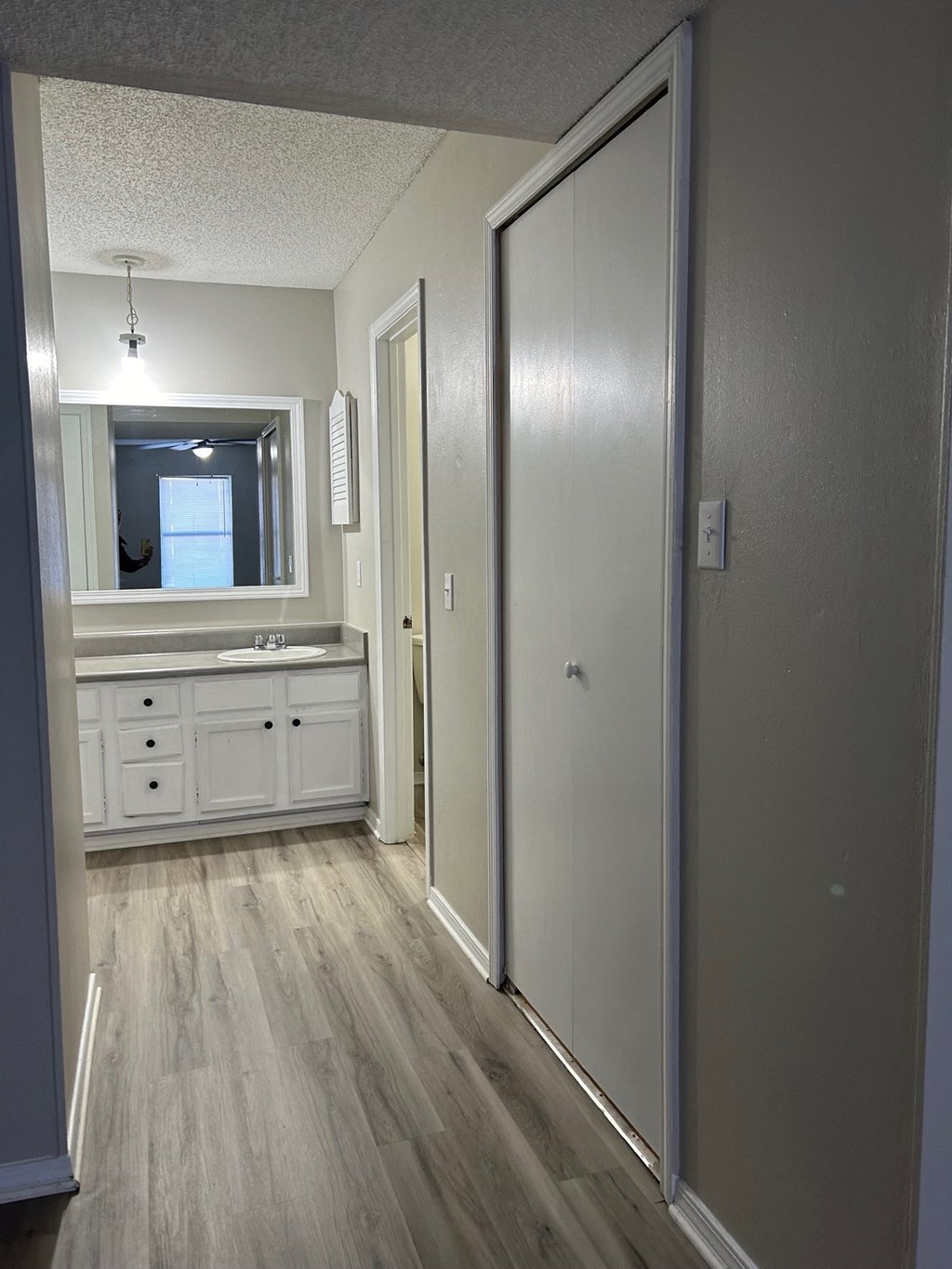 A bathroom with a sink, mirror, and wooden floors.