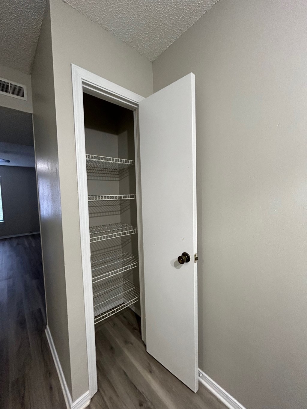 A white door with a handle is open to a pantry with shelves.