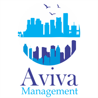 a viva management logo with a city skyline in a oval
