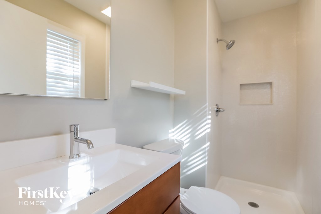 a bathroom with a sink and a toilet and a shower