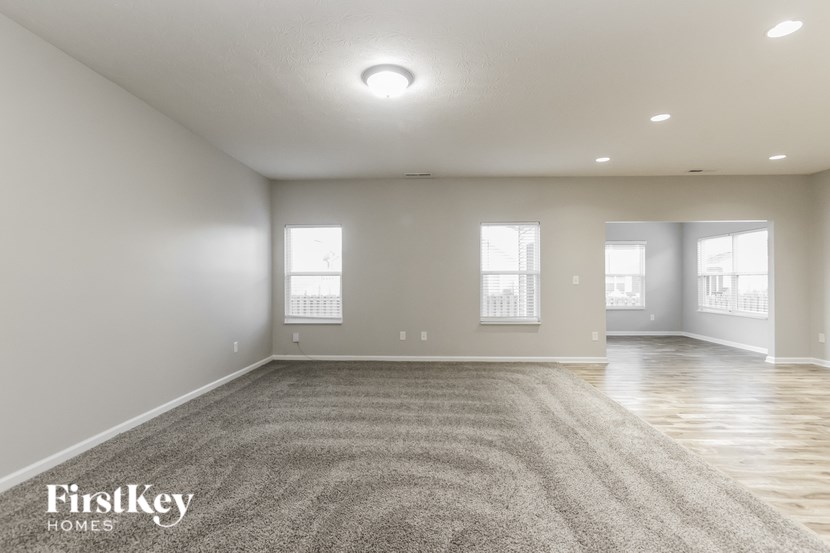 A spacious room with a grey carpet and wooden flooring.