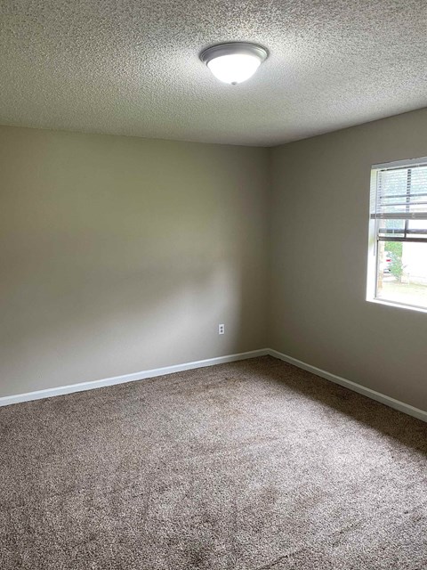 A room with a carpeted floor and a window letting in natural light.