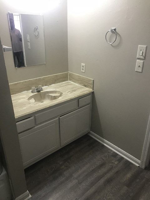 a bathroom with a sink and a mirror