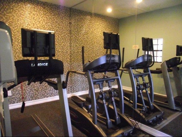 A row of treadmills are lined up in a gym.