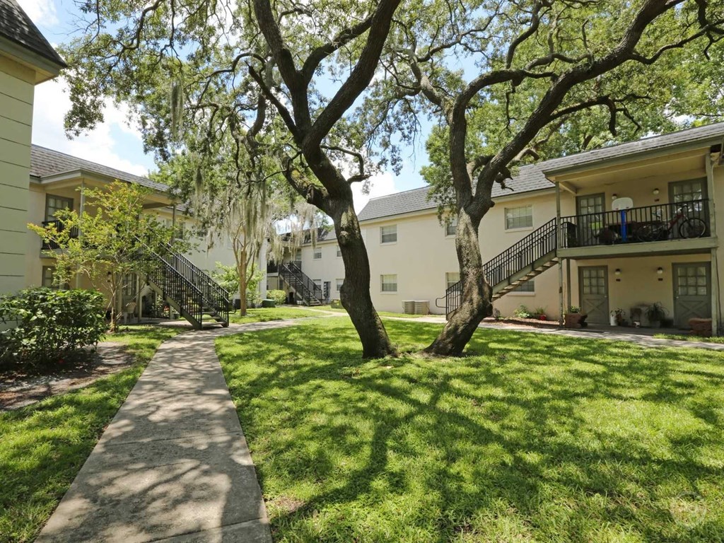 A tree in a grassy area in front of a building.