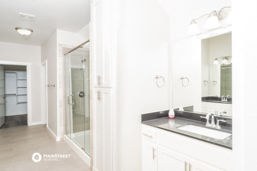 a bathroom with a sink and a mirror and a shower