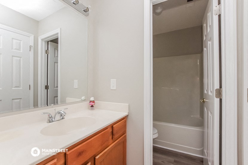 a bathroom with a sink and a shower and a mirror