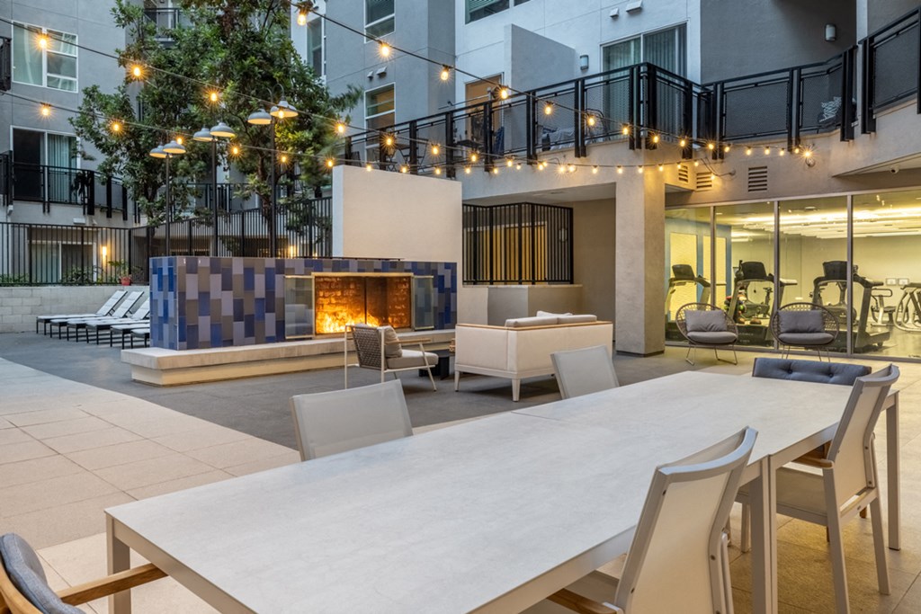 a communal area with a table and chairs and a fireplace