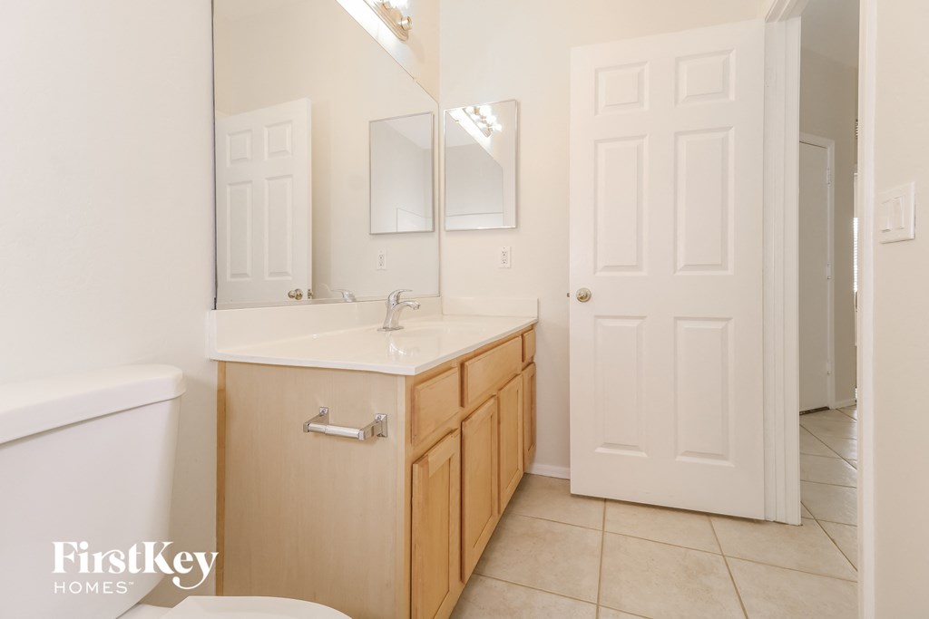 a bathroom with a sink and a mirror and a toilet