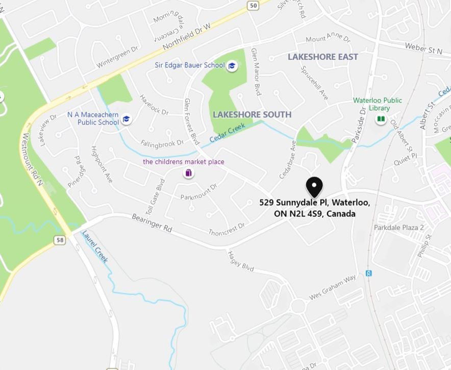 A map shows the location of 529 Sunnydale Pl, Waterloo, ON N2L 4S9, Canada.