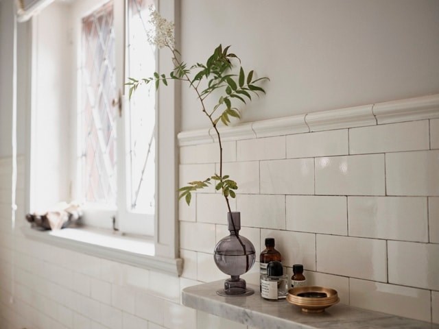A vase with a plant sits on a windowsill next to some bottles.