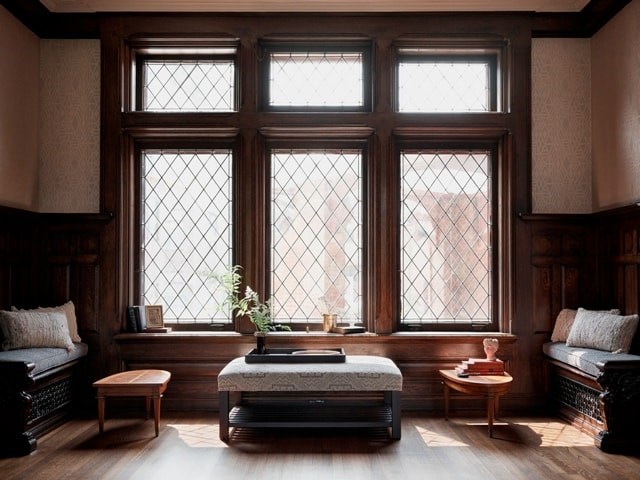 A bedroom with a large bed and a window with a view of a building outside.