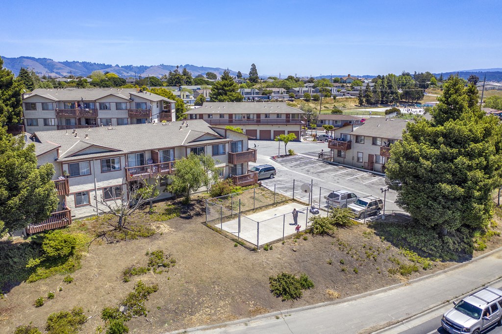 an aerial view of a group of houses and a basketball court