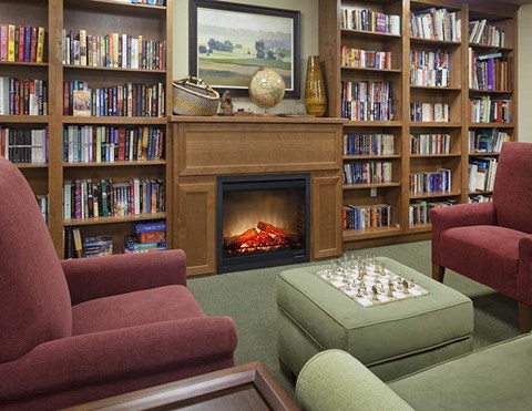 A cozy living room with a fireplace, bookshelves, and a chessboard.