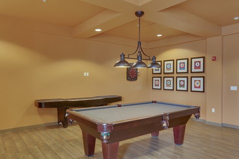 A pool table in a room with a chandelier and pictures on the wall.