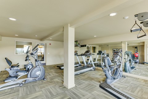 A gym with a variety of exercise equipment including treadmills, stationary bikes, and weight machines.