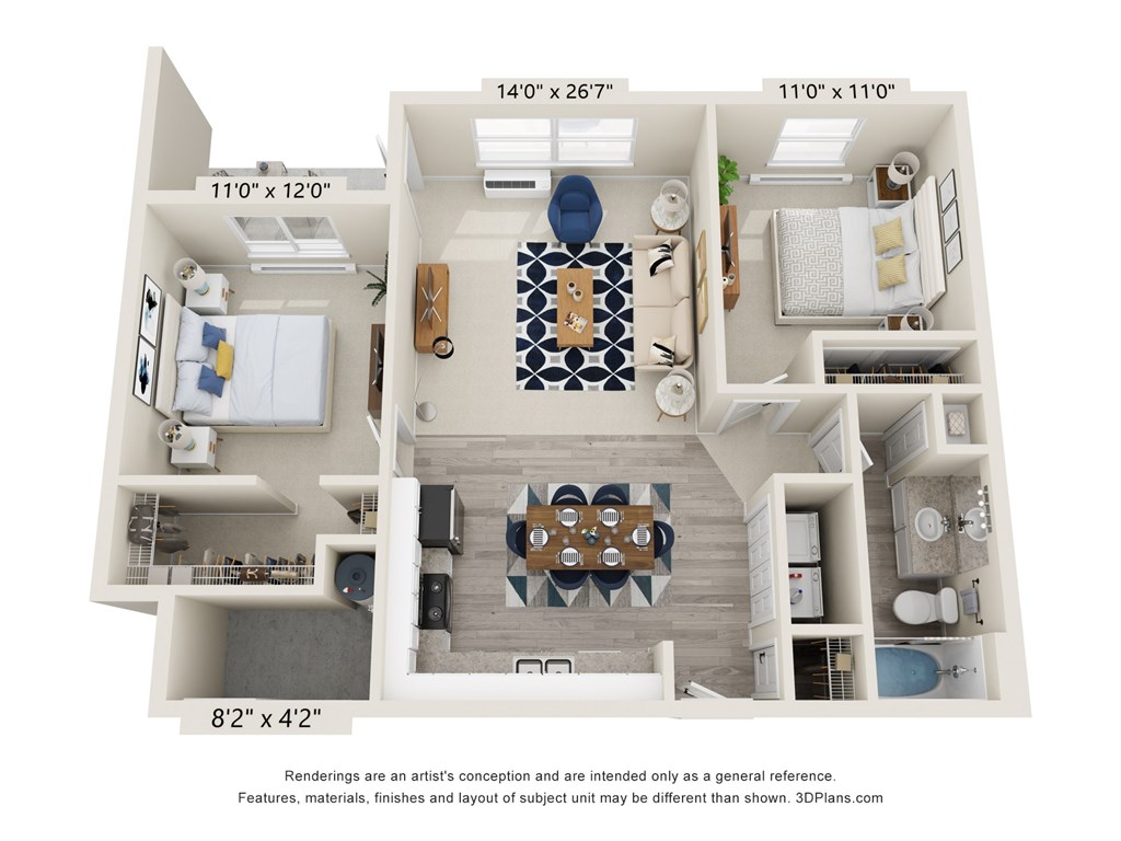 A 3D floor plan of a house with a kitchen, living room, and bathroom.