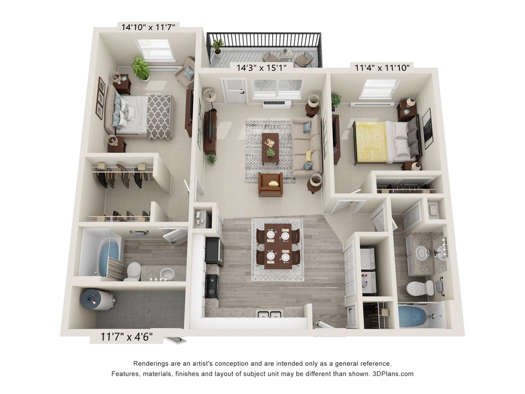 A 3D floor plan of a house with a living room, kitchen, and two bedrooms.