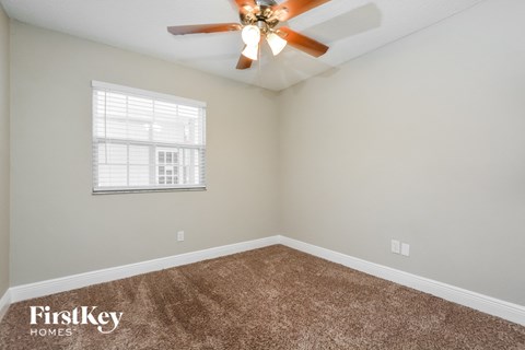the living room has a ceiling fan and a carpet