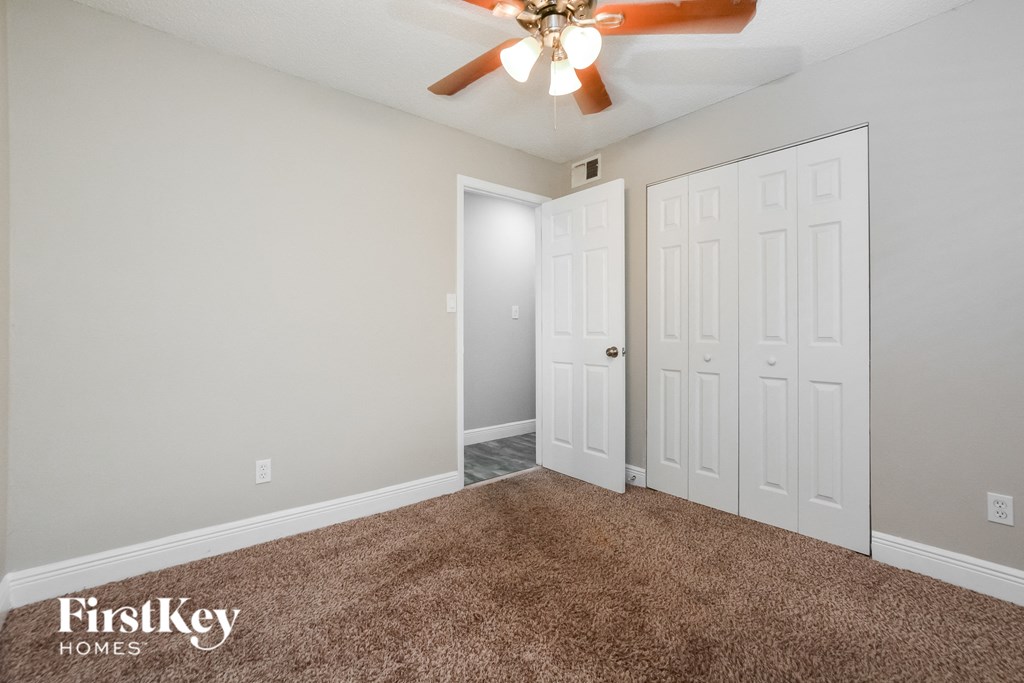 the living room has a ceiling fan and a carpet