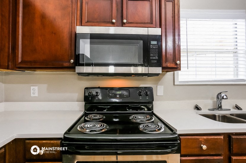 a kitchen with a stove and a microwave
