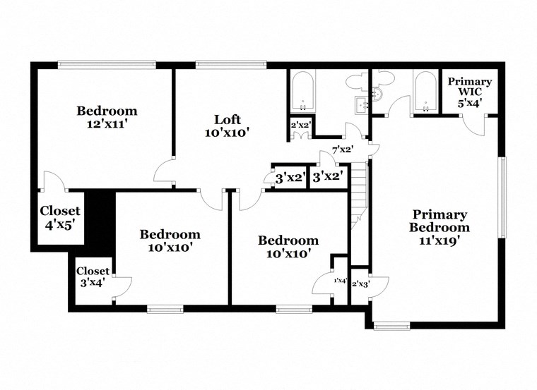 floor plan of the lower level of a home with bedrooms and baths