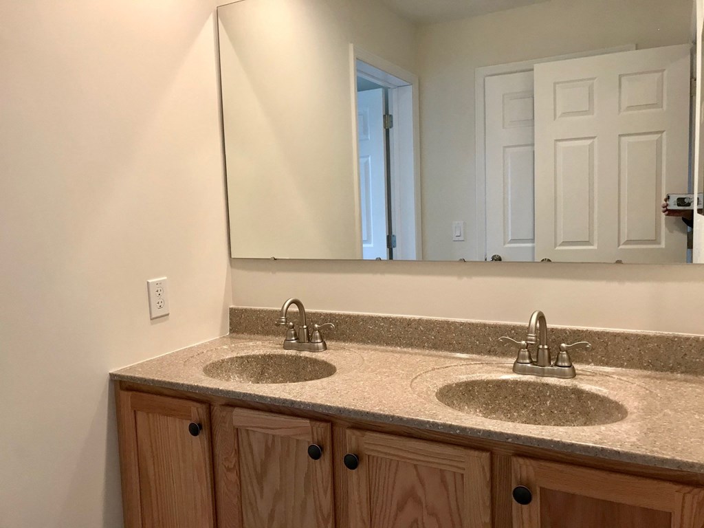 a bathroom with two sinks and a large mirror