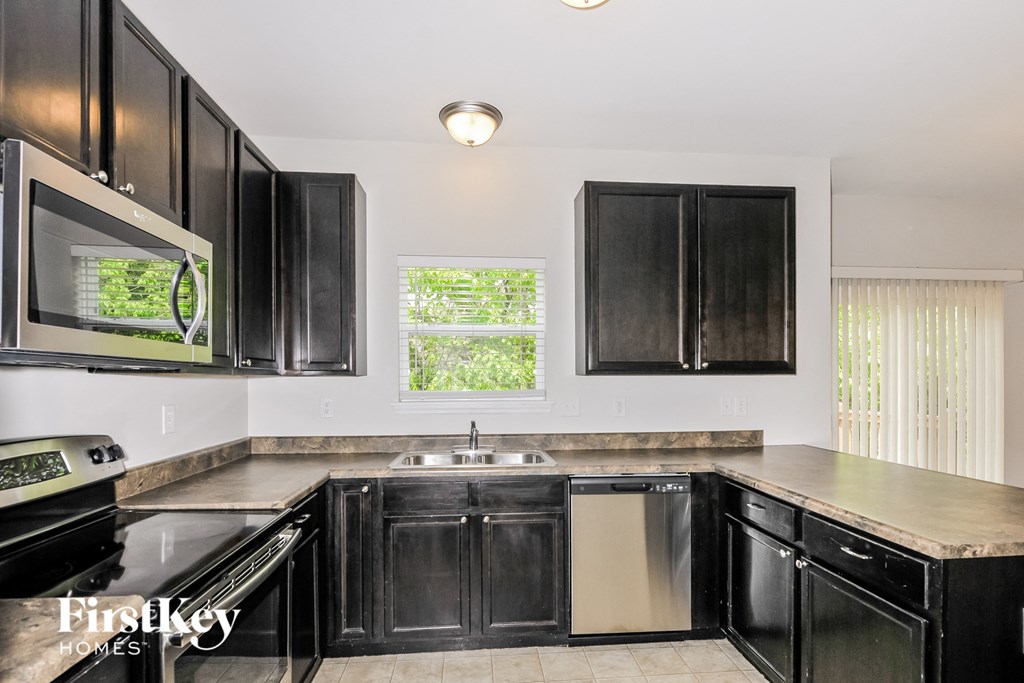 a kitchen with black cabinets and stainless steel appliances and a sink