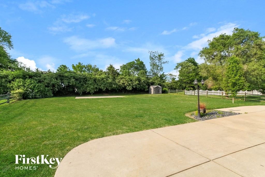 A well-maintained lawn with a clear blue sky above.