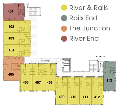 A map shows the layout of a building with numbered units and designated areas for the river and rails.