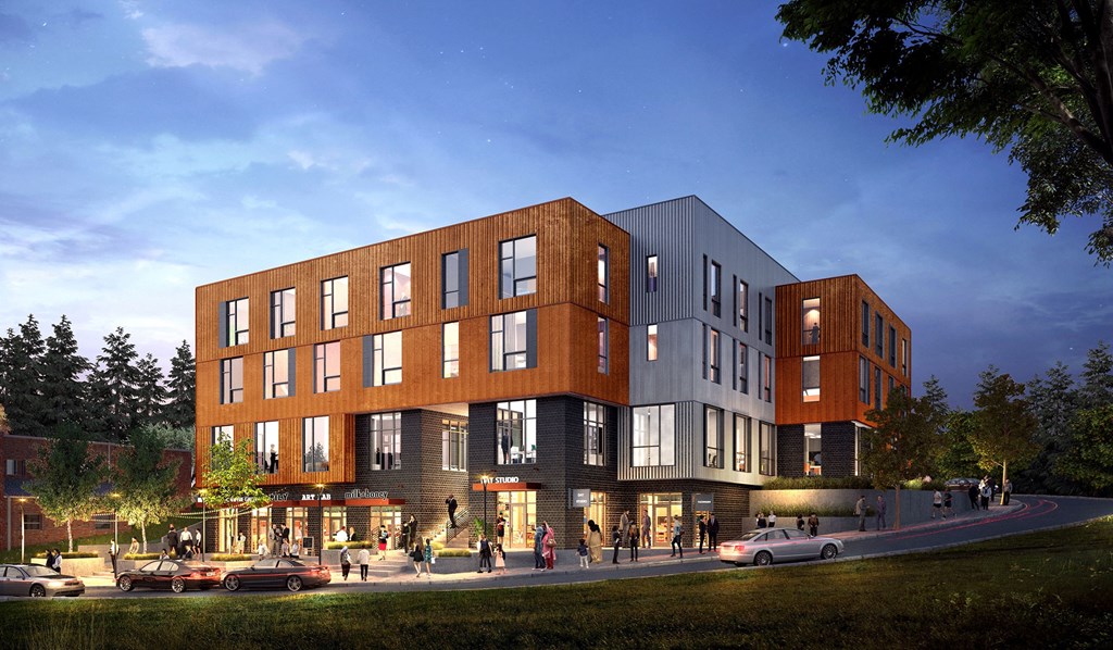 a rendering of an apartment building on a city street