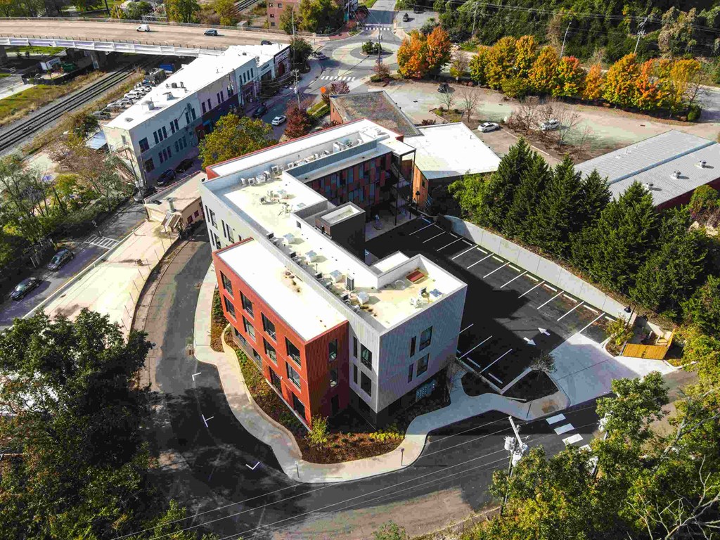 an aerial view of the building