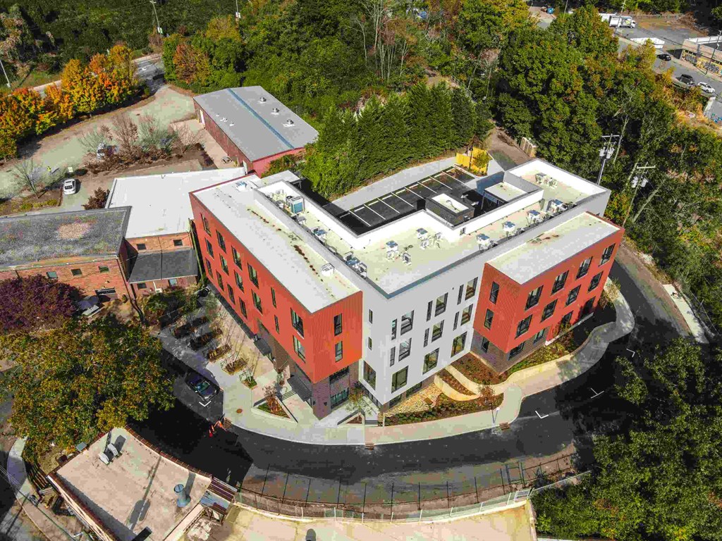 a view of the building from the air