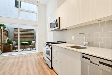 A modern kitchen with white cabinets and stainless steel appliances.