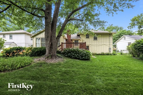 a yellow house with a yard and a tree