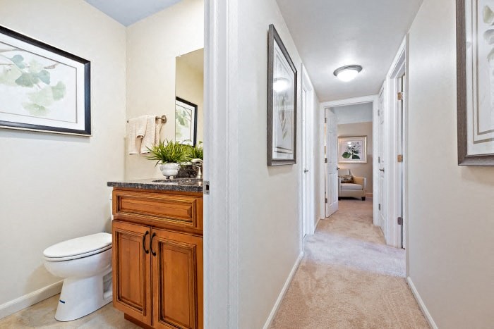 a bathroom with a toilet and a wooden cabinet