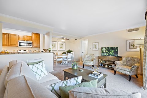 A living room with a grey couch and a coffee table.