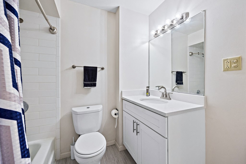 a bathroom with a toilet sink and mirror and a shower