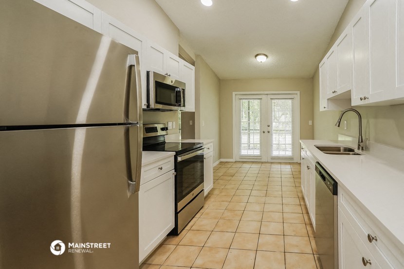 a kitchen with stainless steel appliances and white cabinets