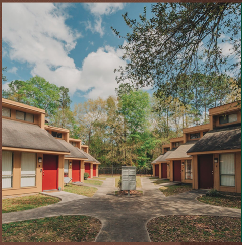 a row of houses with trees in the background