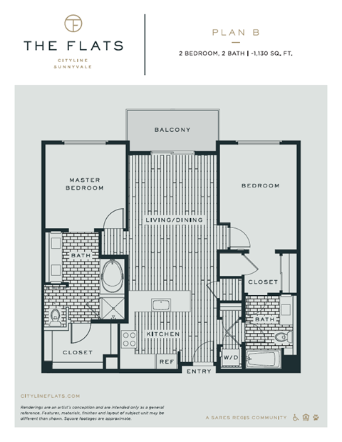 B - 2 Bedroom 2 Bath Floor Plan Layout - 1143 Square Feet