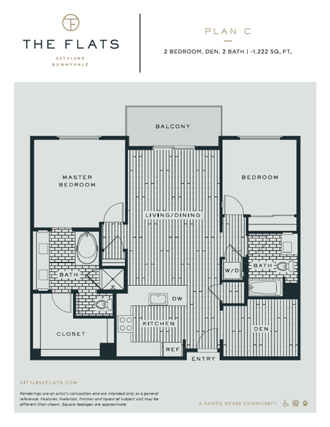 C - 2 Bedroom 2 Bath Floor Plan Layout - 1223 Square Feet