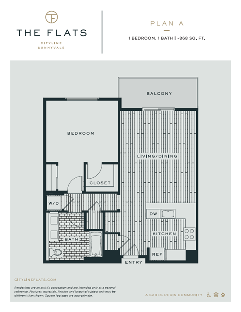 A - 1 Bedroom 1 Bath Floor Plan Layout - 864 Square Feet