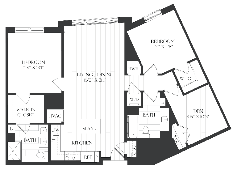 2 Bed/ 2 Bath Den-2D-1-B