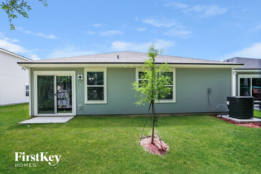 a small tree in the front yard of a house