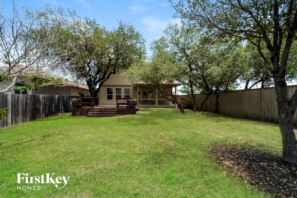 a backyard with trees and a house