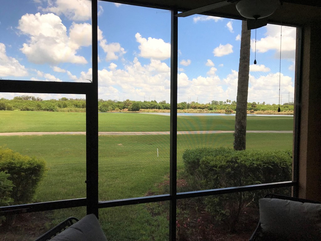A view from a window looking out to a field.